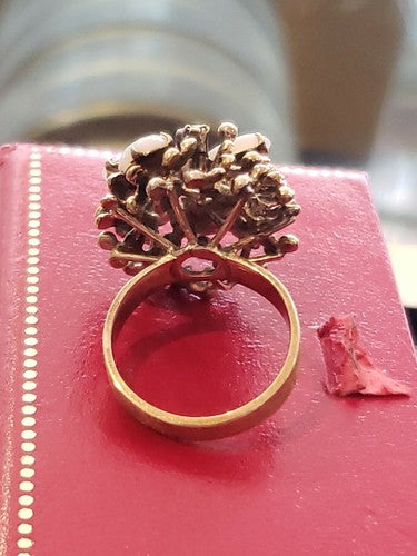14k Yellow Gold Round Fiery Opal Emerald Cluster Flower Cocktail Ring