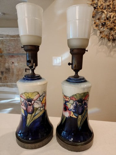 Pair of RARE Moorcroft Pottery Iris Torchiere Table Lamps Perfect