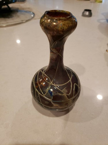 Antique Iridescent Silver Overlay Art Glass Vase Loetz-Type unsigned