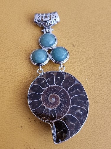 Silver Plate Fossil & Turquoise Large Pendant