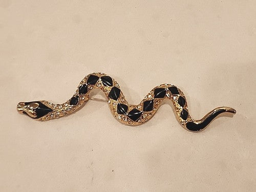 Vintage Costume Snake Brooch w/ Enamel and Crystal Elements