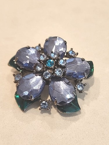 Vintage Blue/Green Enamel & Sparkly Rhinestone Flower Brooch