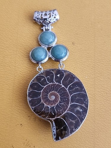 Silver Plate Fossil & Turquoise Large Pendant