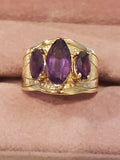 14K Yellow Gold 1920's Vintage 3 Stone Oval Amethyst Garnet Ring, Size 8.25