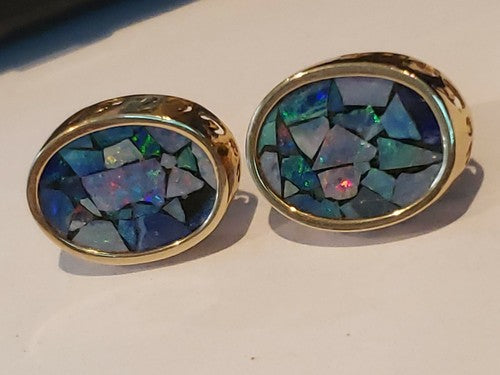 Inlaid Opal Earrings in 14K Yellow Gold
