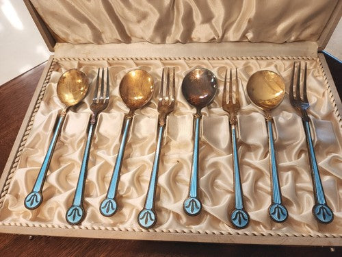 Vintage David Andersen Norway Sterling Silver & Enamel Fork & Spoon Set