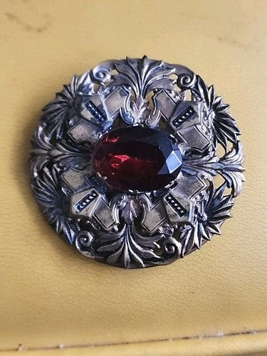 Art Deco Antique Gold Tone Floral Rhinestone Brooch Pin Red Faceted Stone