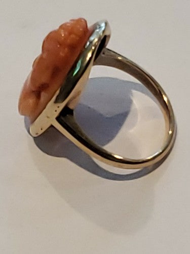 Art Nouveau Carved Coral High Relief Cameo Ring Goddess 14k Solid Gold sz6.5