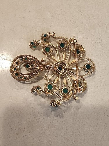 Antique 19c 14k GOLD Dangle Drop Emerald Chandelier  Brooch 2 1/4"