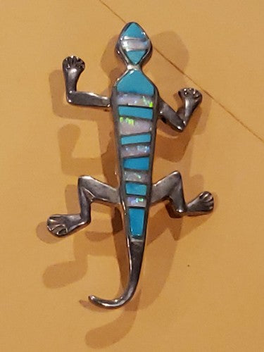 Native American Sterling Silver Turquoise Opal Coral Inlay Lizard Pin Brooch