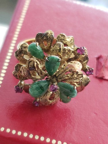 14k Yellow Gold Ruby & Jade Flower Ring s7.5