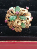 14k Yellow Gold Ruby & Jade Flower Ring s7.5