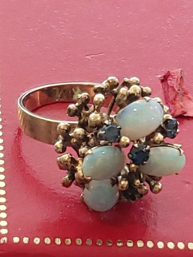 14k Yellow Gold Round Fiery Opal Emerald Cluster Flower Cocktail Ring