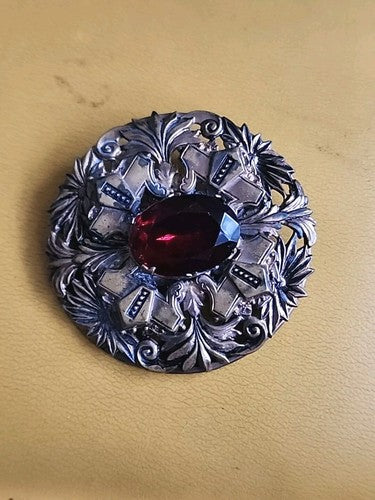 Art Deco Antique Gold Tone Floral Rhinestone Brooch Pin Red Faceted Stone