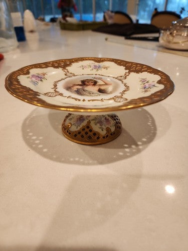 Antique Germany Compote Openwork Porcelain with Hand-Painted Portrait