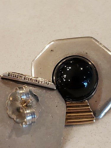 Leonore Doskow Sterling & 14k Mid Century Modern Black Onyx Pierced Earrings