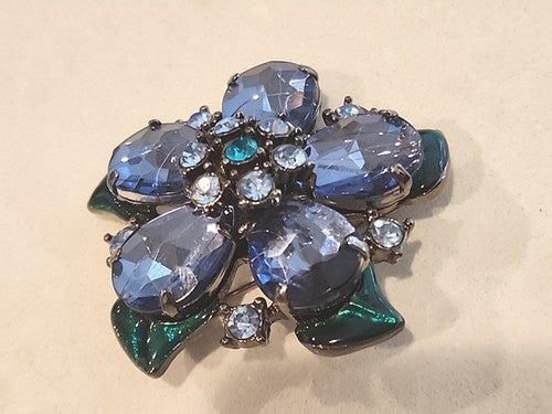 Vintage Blue/Green Enamel & Sparkly Rhinestone Flower Brooch