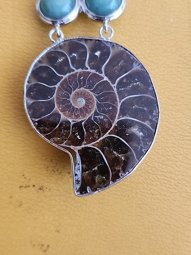 Silver Plate Fossil & Turquoise Large Pendant