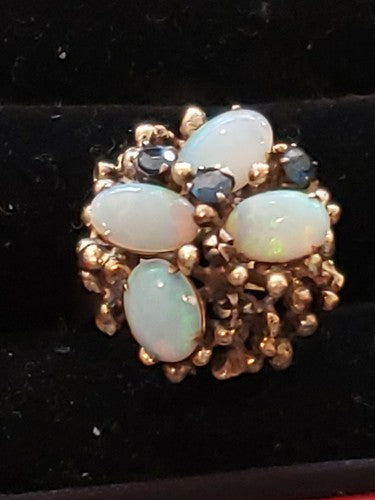 14k Yellow Gold Round Fiery Opal Emerald Cluster Flower Cocktail Ring