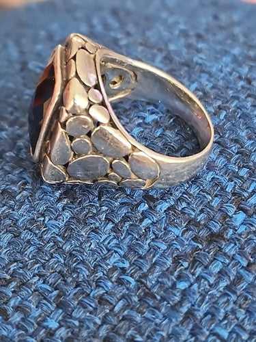 Vintage Bali Pebbled Sterling Silver Faceted Bezel Set Onyx Ring, Size 5
