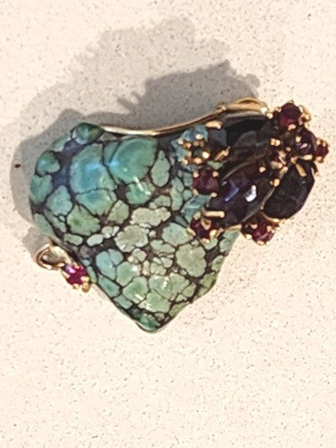 Natural Blue Lagoon Turquoise 14k Gold Pendant with Garnet Stones