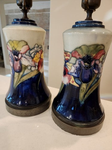 Pair of RARE Moorcroft Pottery Iris Torchiere Table Lamps Perfect