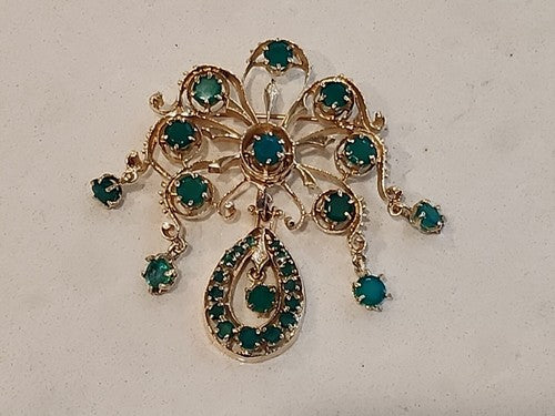 Antique 19c 14k GOLD Dangle Drop Emerald Chandelier  Brooch 2 1/4"