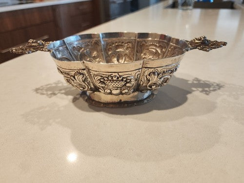 Hand Chased DUTCH .833 SILVER FOOTED BRANDY BOWL CHERUB HANDLES, FLUTED PANELED