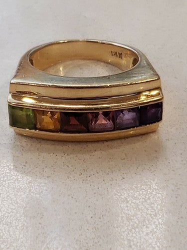 14K Solid Yellow and White Gold Hand-Made Multi Color Channel Set Gemstone Ring