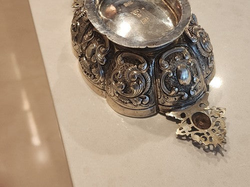Hand Chased DUTCH .833 SILVER FOOTED BRANDY BOWL CHERUB HANDLES, FLUTED PANELED