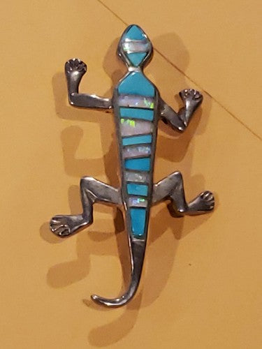 Native American Sterling Silver Turquoise Opal Coral Inlay Lizard Pin Brooch
