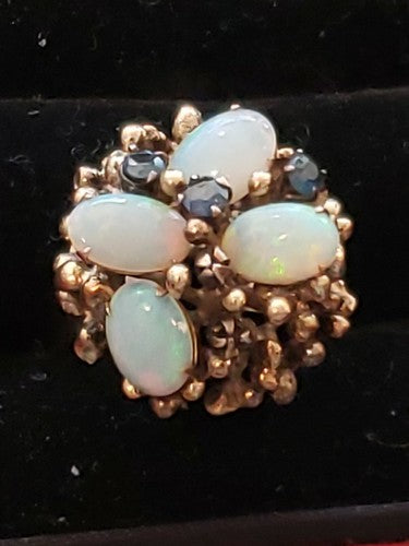 14k Yellow Gold Round Fiery Opal Emerald Cluster Flower Cocktail Ring
