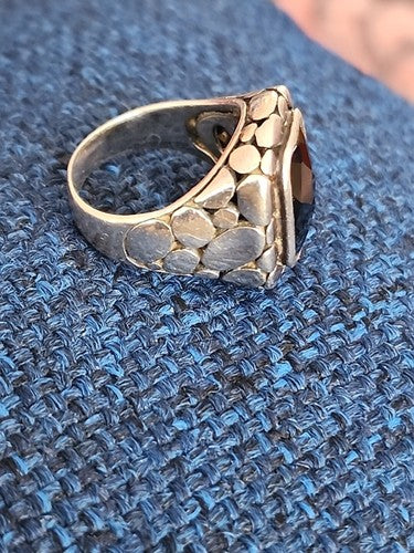 Vintage Bali Pebbled Sterling Silver Faceted Bezel Set Onyx Ring, Size 5