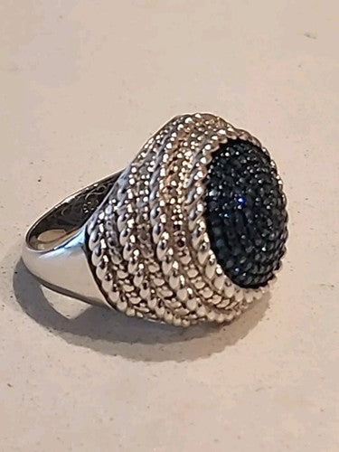 Affinity JS Round Pave Blue Natural Sapphires Sterling Ring Size 6.25