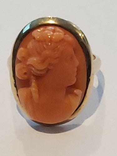 Art Nouveau Carved Coral High Relief Cameo Ring Goddess 14k Solid Gold sz6.5