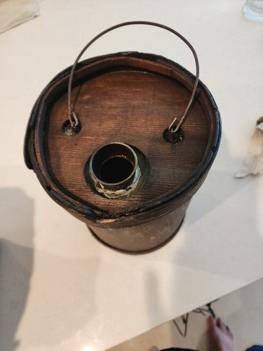 Antique Mid-Late 1800's Wood Wrapped Tin Cone Top Cork Sealed Kerosene Can