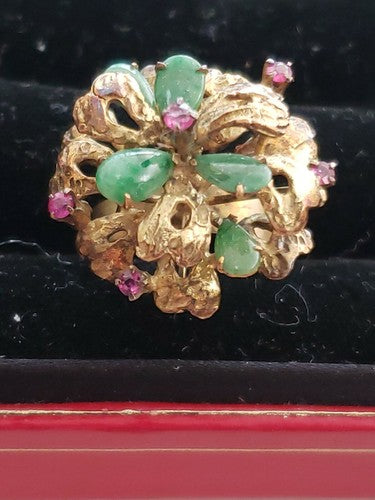 14k Yellow Gold Ruby & Jade Flower Ring s7.5