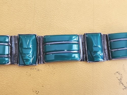 Vintage Aztec Mayan Warrior Face Green Agate Cabochon Sterling Silver Bracelet