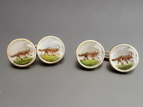 Brant &Son Edwardian Essex Crystal 14K Yellow Gold Fox Cufflinks