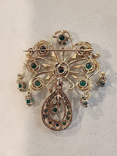 Antique 19c 14k GOLD Dangle Drop Emerald Chandelier  Brooch 2 1/4"
