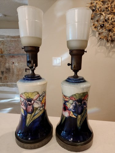 Pair of RARE Moorcroft Pottery Iris Torchiere Table Lamps Perfect