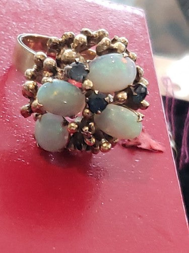 14k Yellow Gold Round Fiery Opal Emerald Cluster Flower Cocktail Ring
