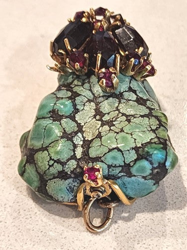Natural Blue Lagoon Turquoise 14k Gold Pendant with Garnet Stones