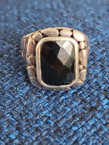 Vintage Bali Pebbled Sterling Silver Faceted Bezel Set Onyx Ring, Size 5