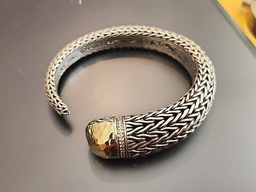 John Hardy Sterling Silver 18kt Gold with Diamonds Hinged Cuff
