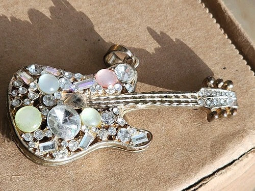 Beautiful Vintage Rhinestone Guitar Pendant