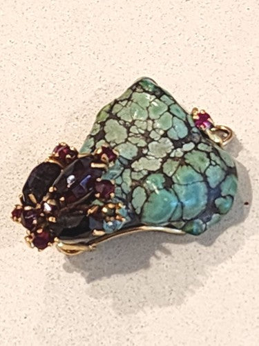 Natural Blue Lagoon Turquoise 14k Gold Pendant with Garnet Stones