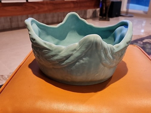 WELLER POTTERY SOFT BLUE BOWL W/ SWAN LOVE BIRDS...SIGNED & MINT! VERY RARE!