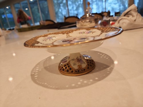 Antique Germany Compote Openwork Porcelain with Hand-Painted Portrait