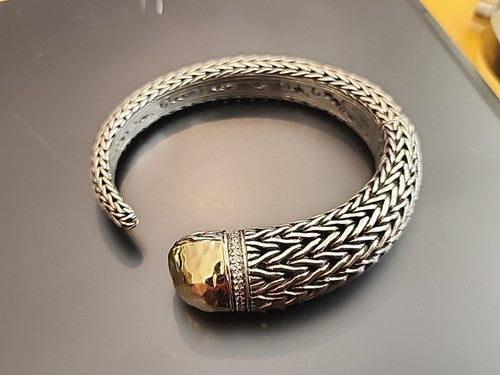 John Hardy Sterling Silver 18kt Gold with Diamonds Hinged Cuff